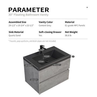 30 Inch Grey Floating Bathroom Vanity with Quartz Sand Sink