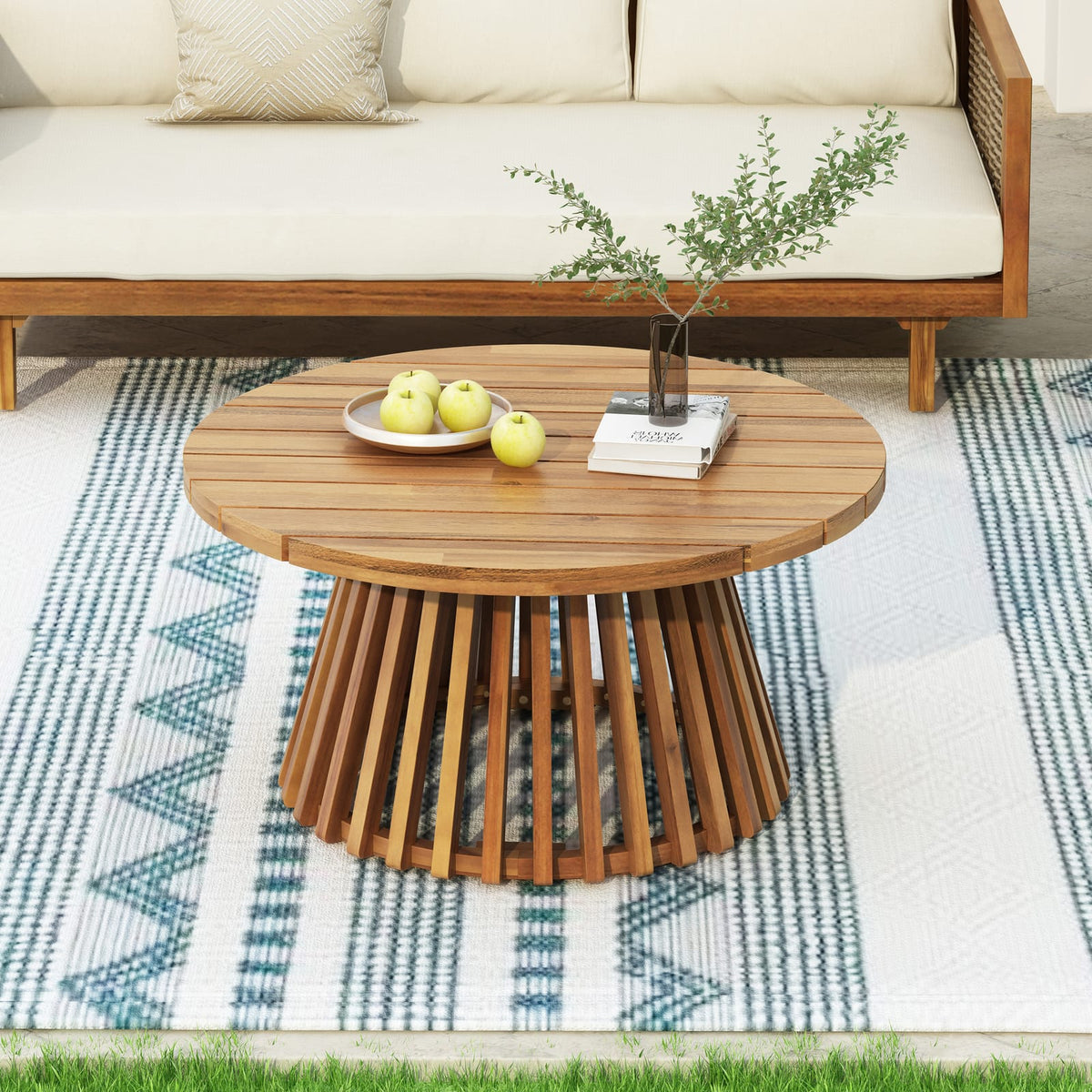 Light Gray Acacia Wood Patio Daybed & Coffee Table Set - 3 Seater Outdoor Furniture