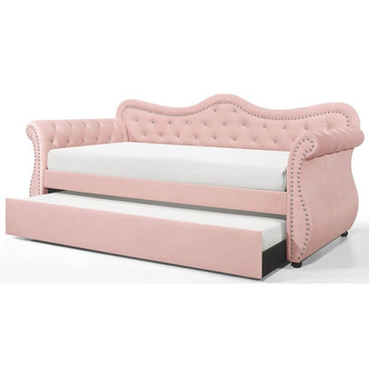Pink Velvet Wood Daybed with Trundle for Modern Living Space
