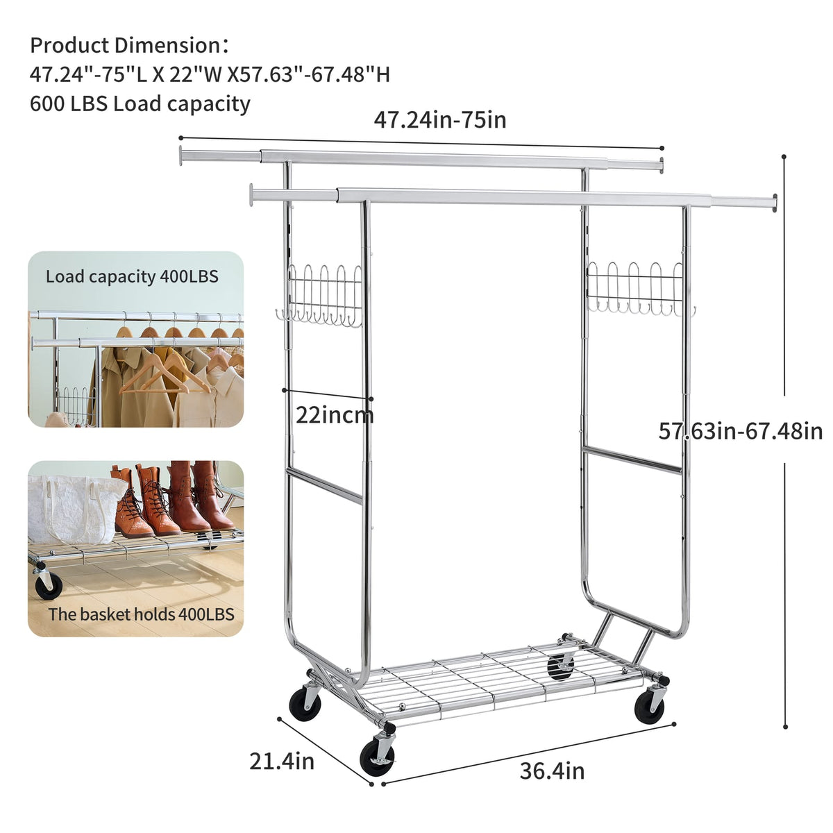 Silver Iron Clothes Rack Heavy Duty 800lbs Capacity