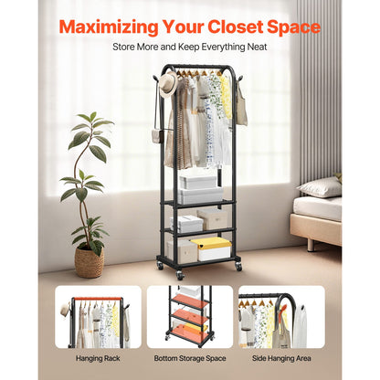 Heavy Duty Rolling Clothes Rack with Hooks for Laundry Room Storage
