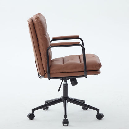 Brown Office Chair Mid Back PU Leather Ergonomic Desk Rolling Swivel Chair