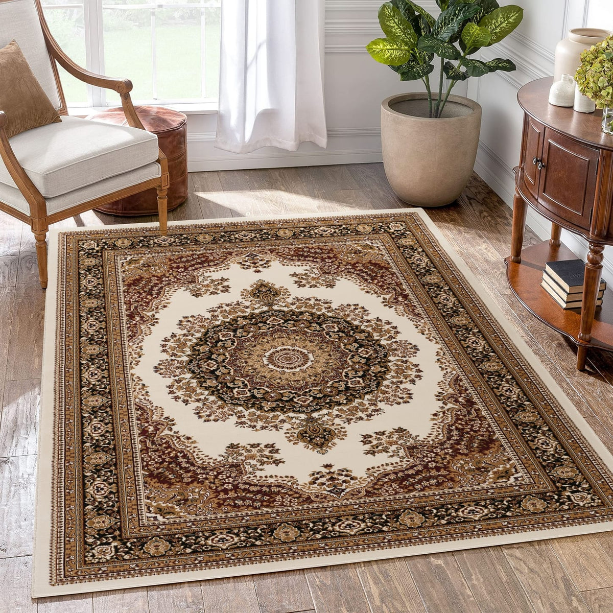 Ivory Multi Traditional Medallion Area Rug Polypropylene