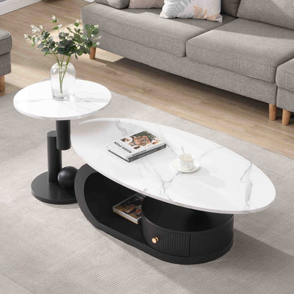 Modern Nesting Coffee Table Set of 2 End Tables - White+Black MDF Iron