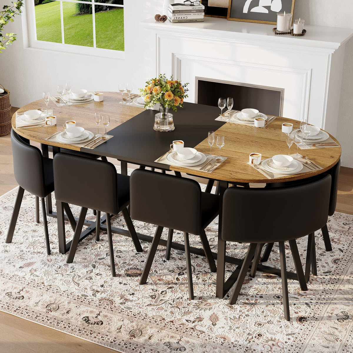 Dining Room 9-Piece Oval Dining Table Set - Seats 8, Black Wood Grain & PU Leather