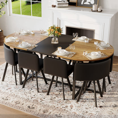 Dining Room 9-Piece Oval Dining Table Set - Seats 8, Black Wood Grain & PU Leather