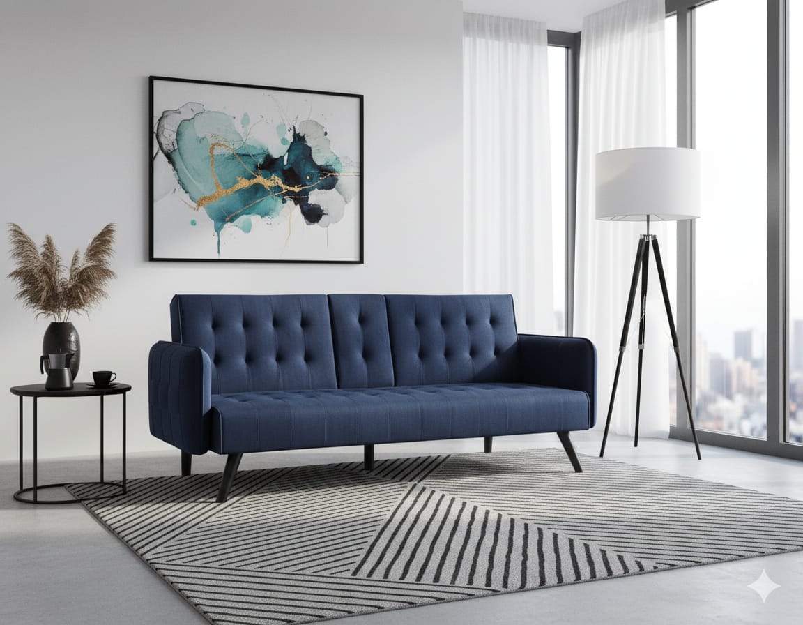 Blue Velvet Convertible Sofa Bed with Drop-Down Table for Guest Rooms for Living Room