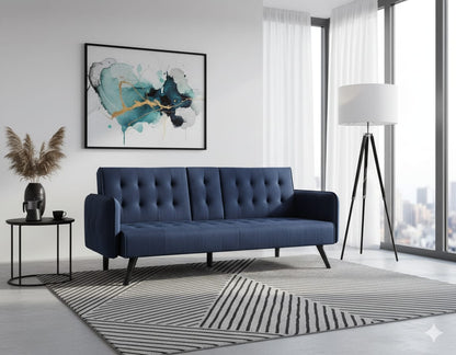 Blue Velvet Convertible Sofa Bed with Drop-Down Table for Guest Rooms for Living Room