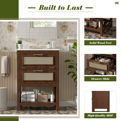 Dark Brown Bathroom Vanity with Ceramic Sink - 24 Inch