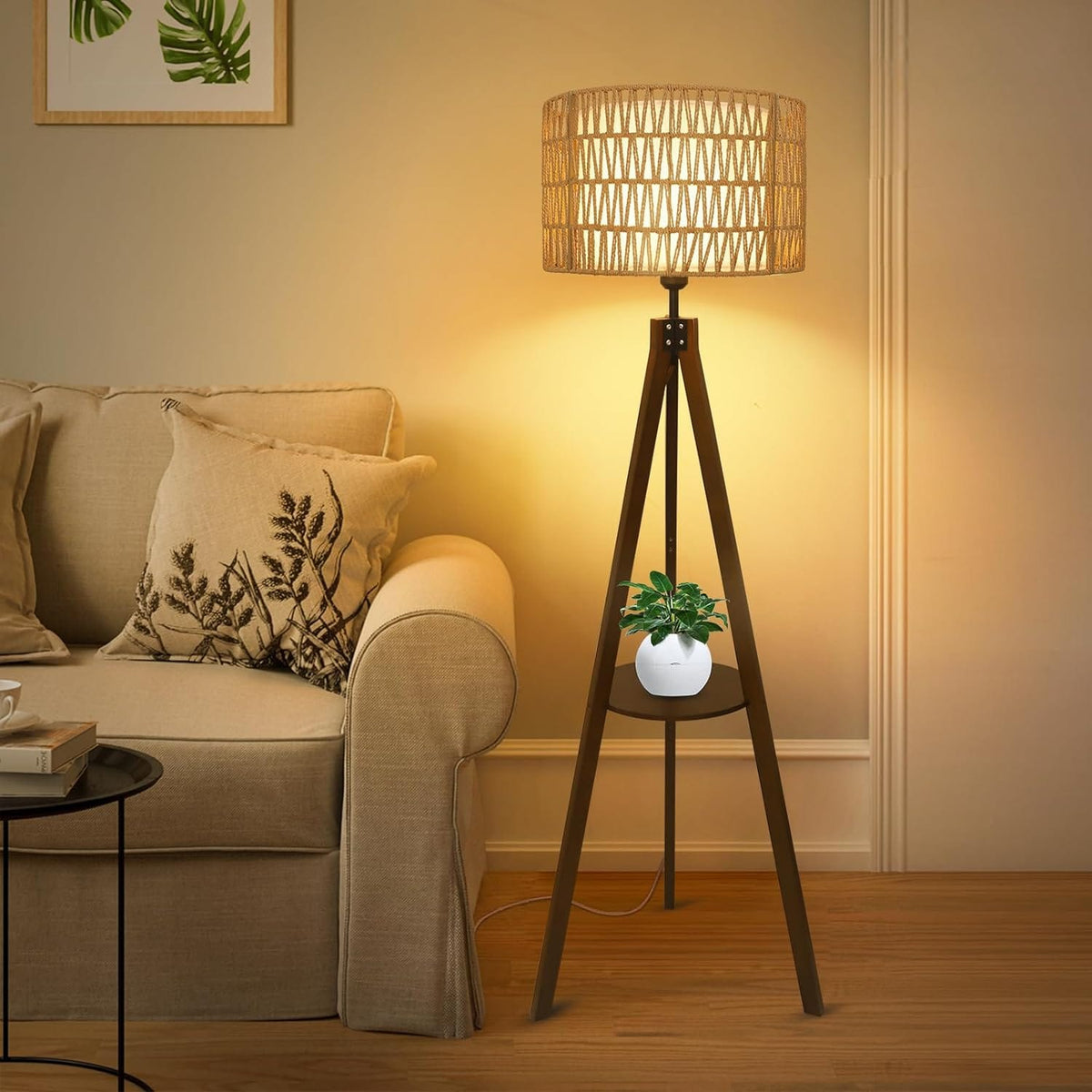 Brown Wood Rattan Floor Lamp with Shelves and Foot Switch for Living Room