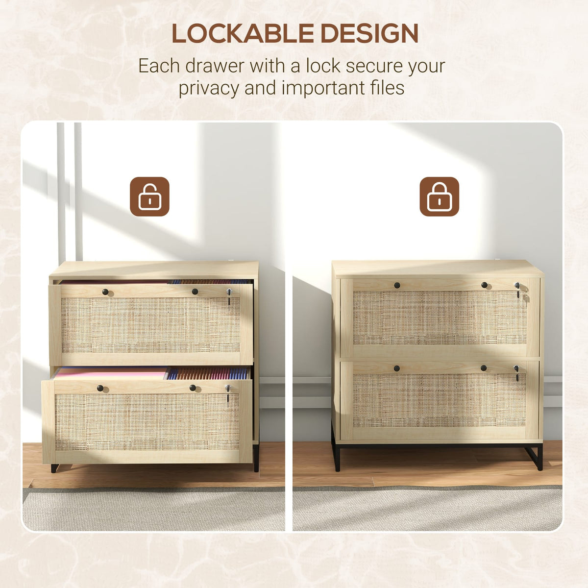 Natural Rattan File Cabinet - 2 Drawers with Lock