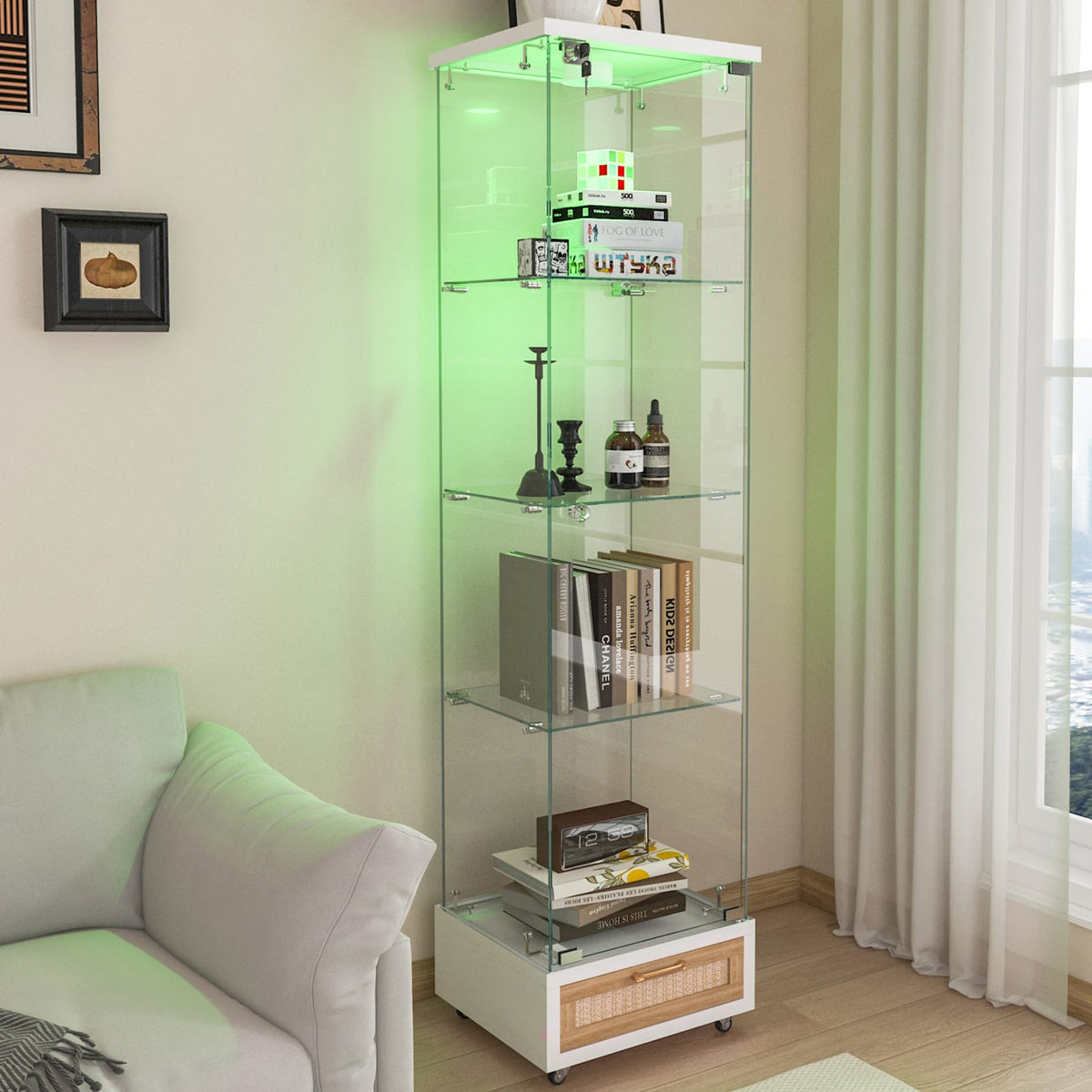 White Tempered Glass Display Cabinet with LED Lighting for Living Room