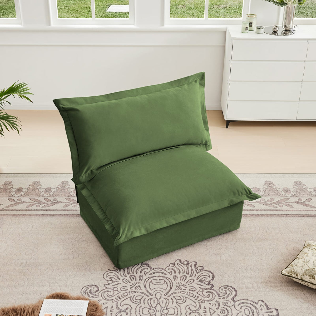 Green Chenille Armless Sofa - 1 Seat for Living Room