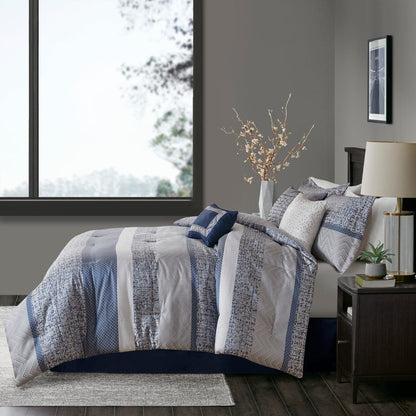 Navy Queen Comforter Set - 7 Piece Jacquard Bedding