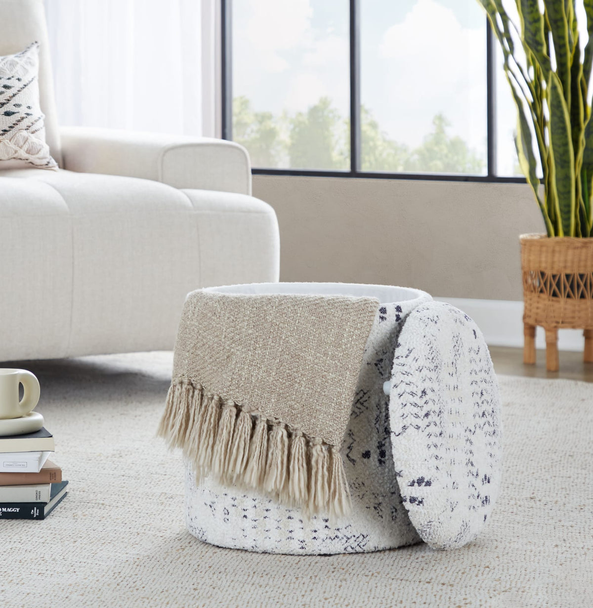 Ivory Cotton Ottoman with Removable Lid for Stylish Bedroom Decor for Living Room