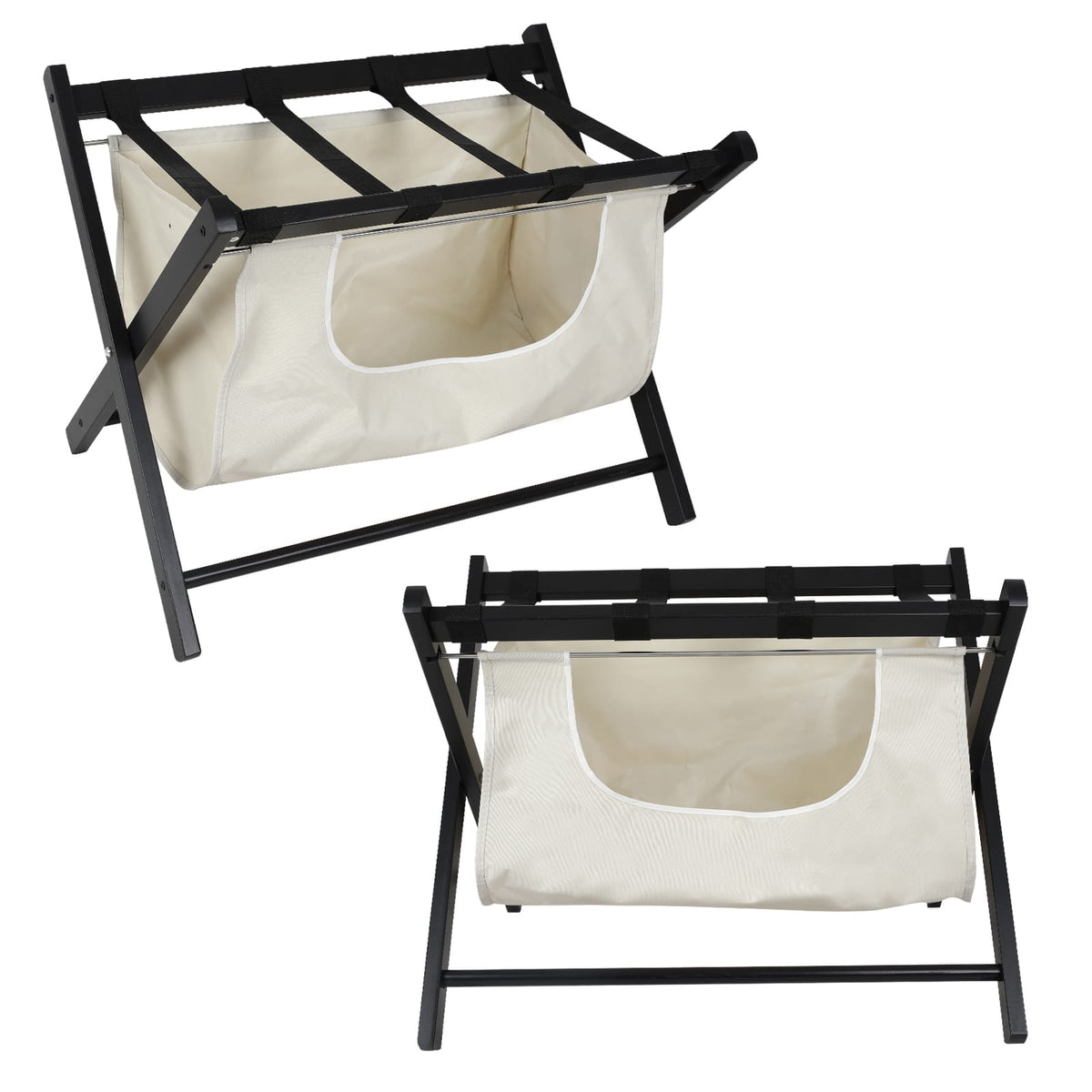 Folding Luggage Rack - Black Wood Fabric Storage Shelf
