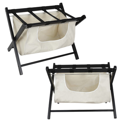 Folding Luggage Rack - Black Wood Fabric Storage Shelf