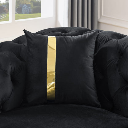 Living Room Velvet Chesterfield Sofa - 3 Seater, Black with Gold Stainless Steel
