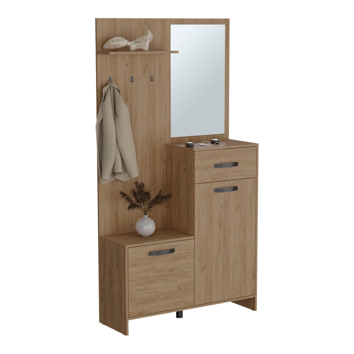 Natural Wood Hall Tree with Mirror & Storage