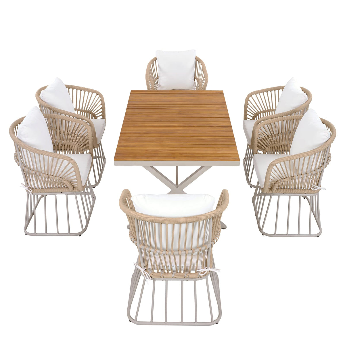 Outdoor 7-Piece Dining Set - Teak Wood Table & Beige Steel Chairs, Patio Furniture