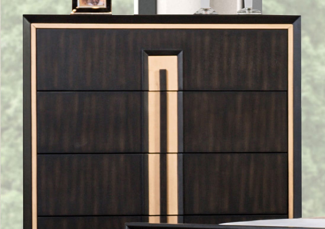 Espresso Solid Wood Bedroom Dresser with Gold Accent Trim Storage