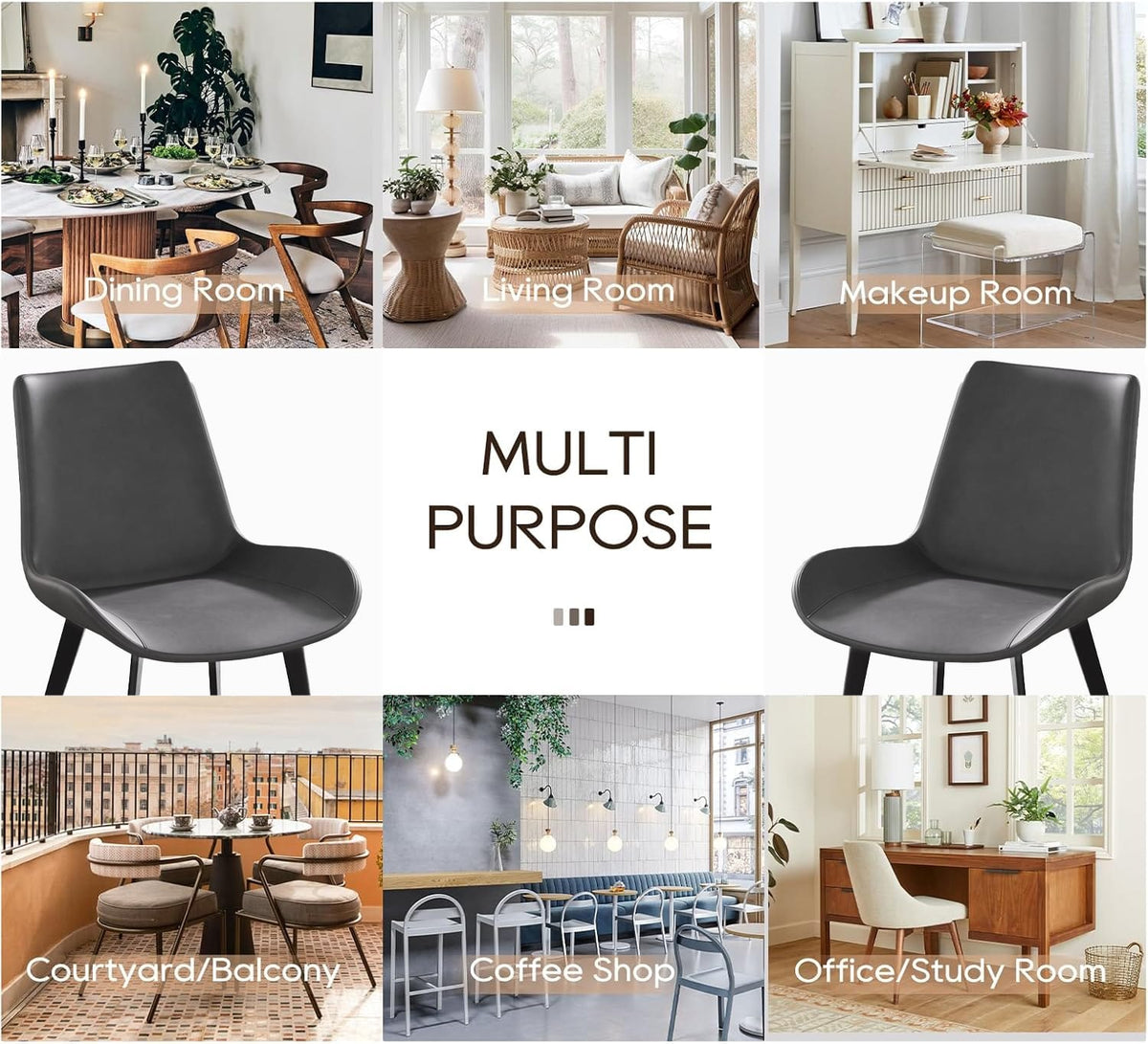 Black Gray Dining Chair Ergonomic PU Seat 2pcs