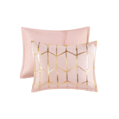 King Size Blush Polyester Comforter Set with Geometric Print