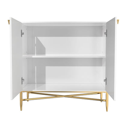 White MDF Iron Accent Cabinet 2 Door Storage for Living Room