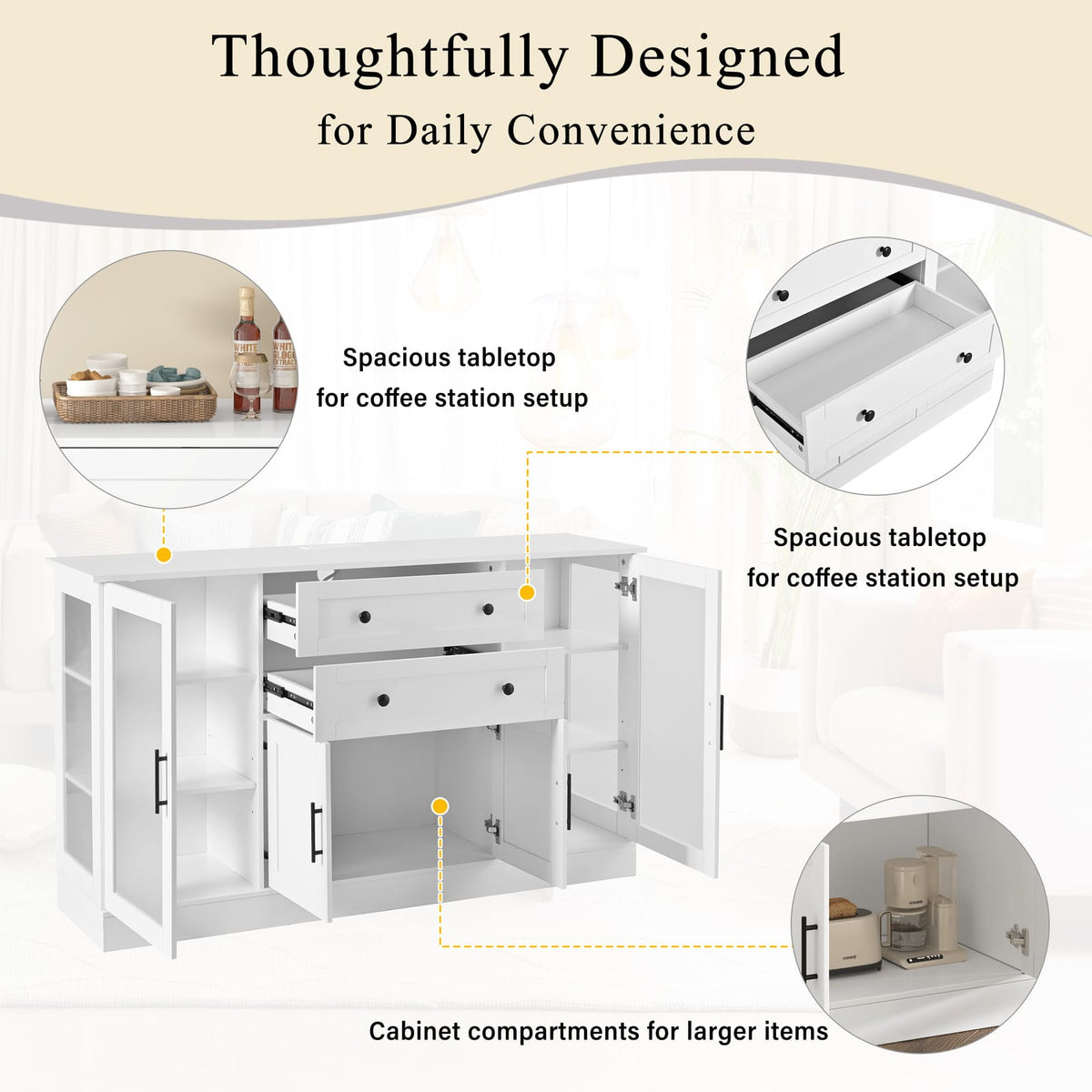 White MDF Sideboard Buffet with Power Outlet for Kitchen Storage
