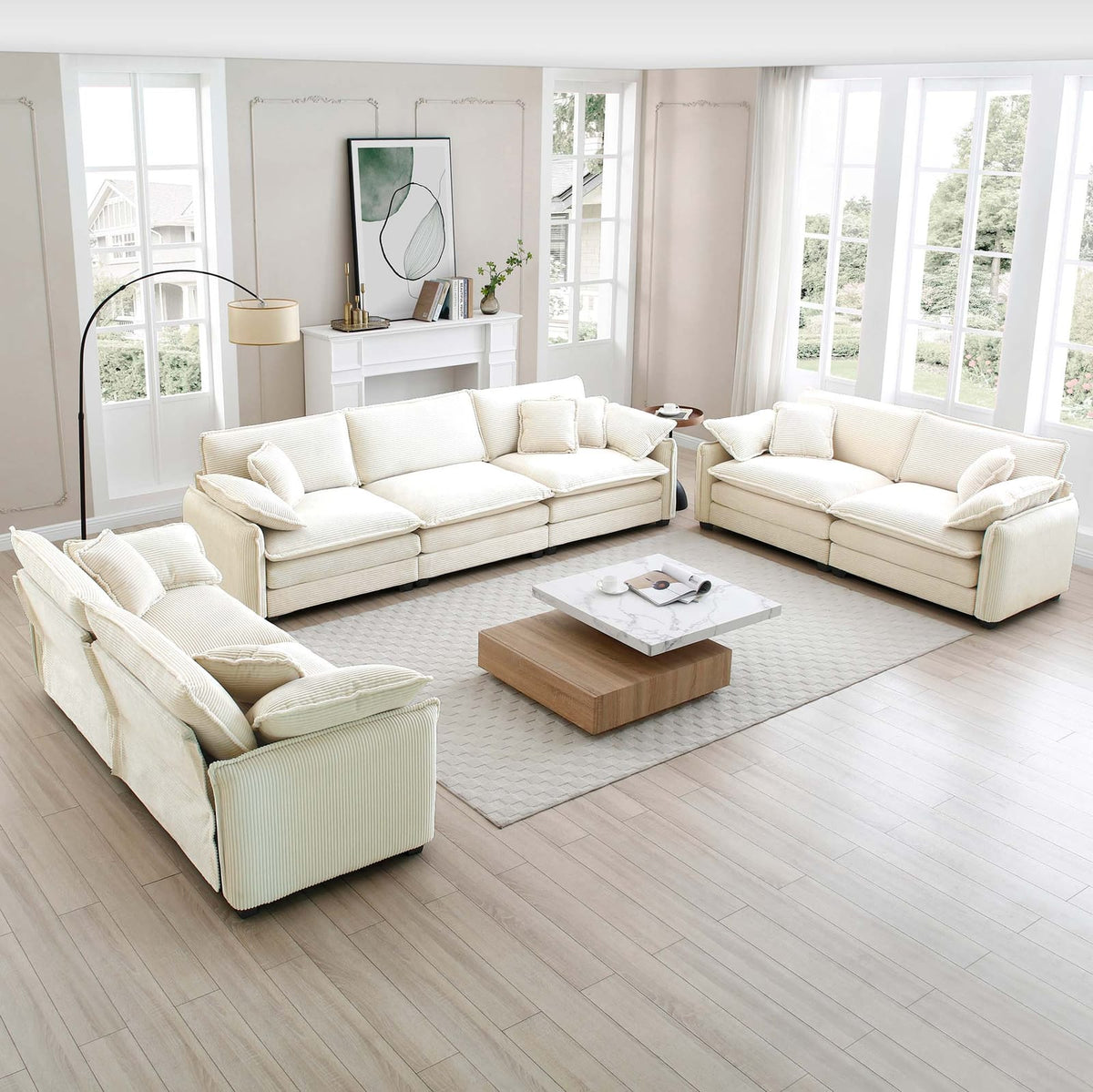 3-Piece Beige Corduroy Sofa Set - Modern Living Room Furniture
