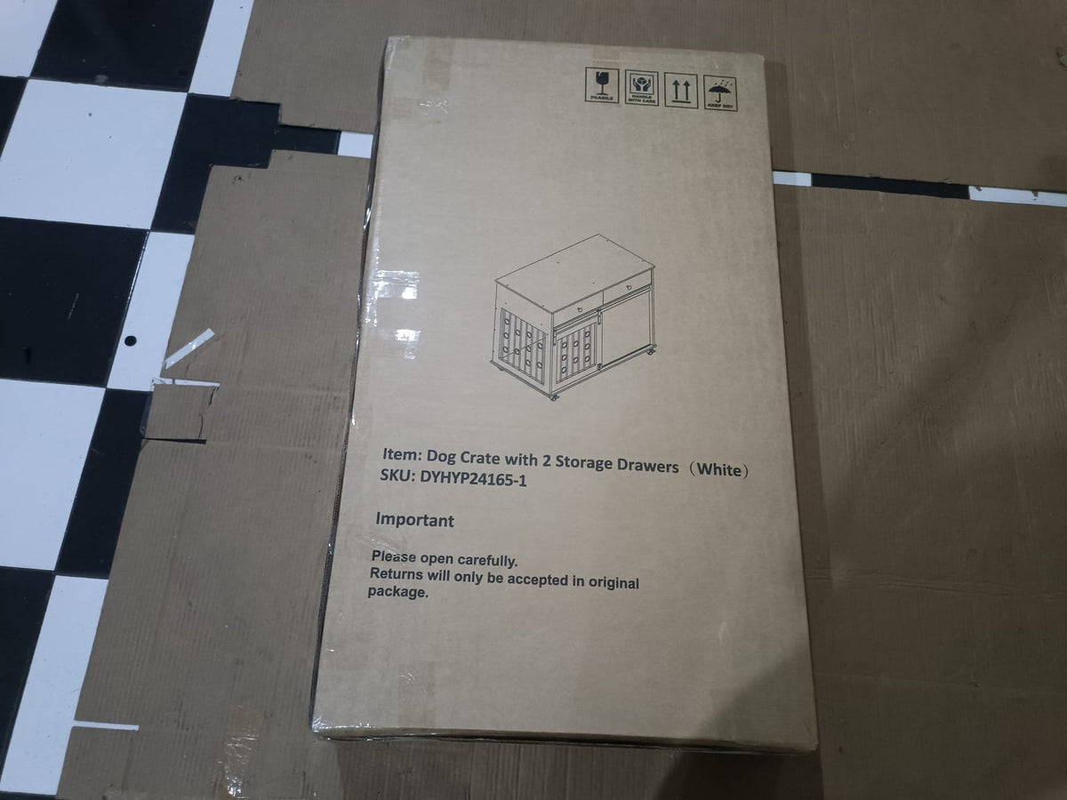 White MDF Dog Crate Bed - 39.37" End Table with Drawers