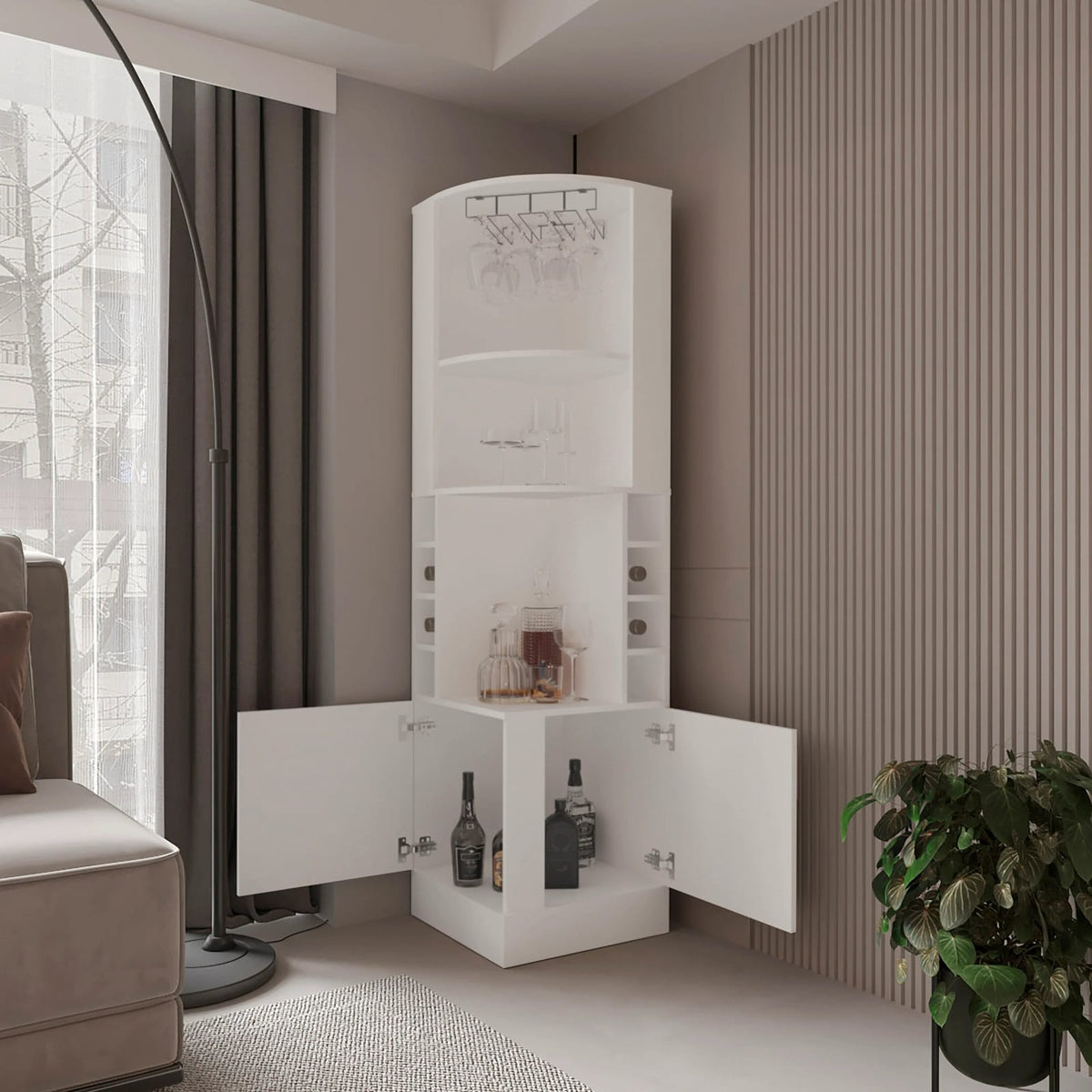 White Corner Bar Cabinet with Wine Storage - Freestanding Shelves