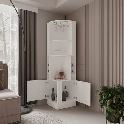 White Corner Bar Cabinet with Wine Storage - Freestanding Shelves