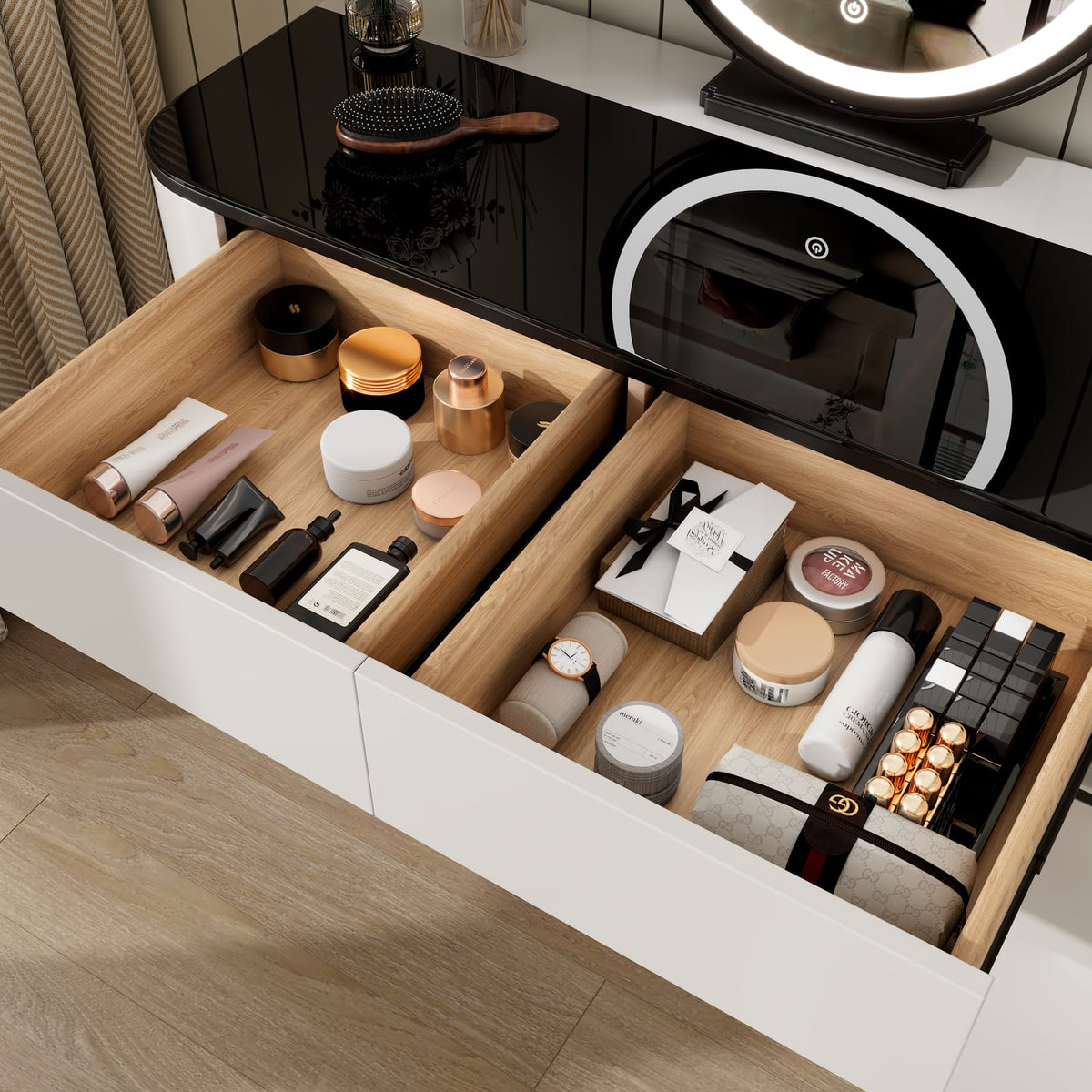 Modern White MDF Vanity with Tempered Glass Mirror and Storage for Bedroom