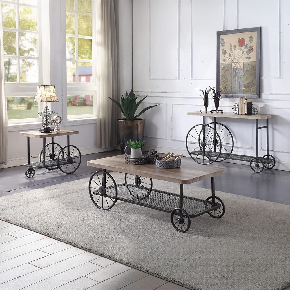 Oak Coffee Table with Antique Grey Finish & Shelf for Living Room