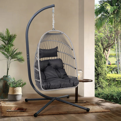 Black Gray Outdoor Hanging Egg Chair with Stand - Patio Swing