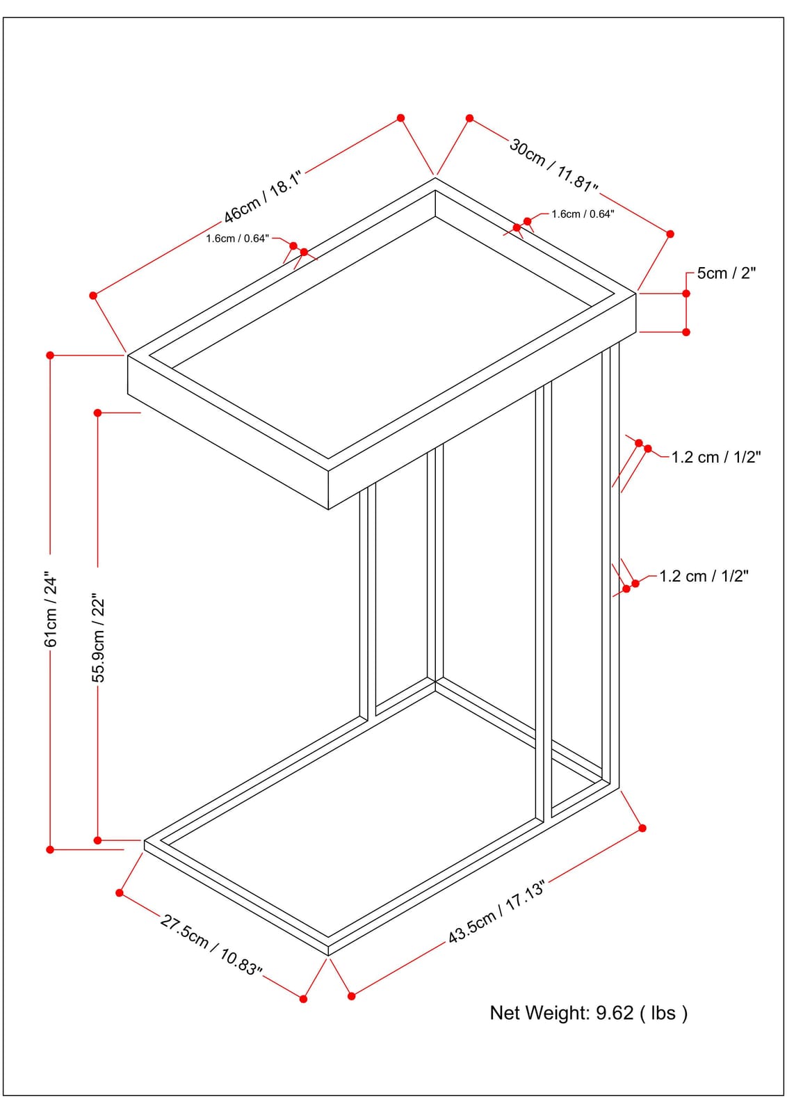 Light Brown Wood C Side Table - 18.1"D x 11.8"W