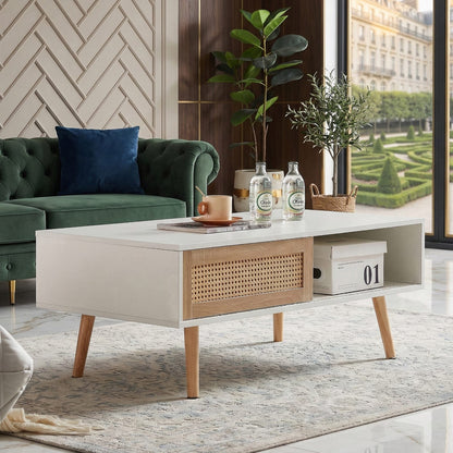41.34" Rattan Coffee Table with Sliding Door - White for Living Room