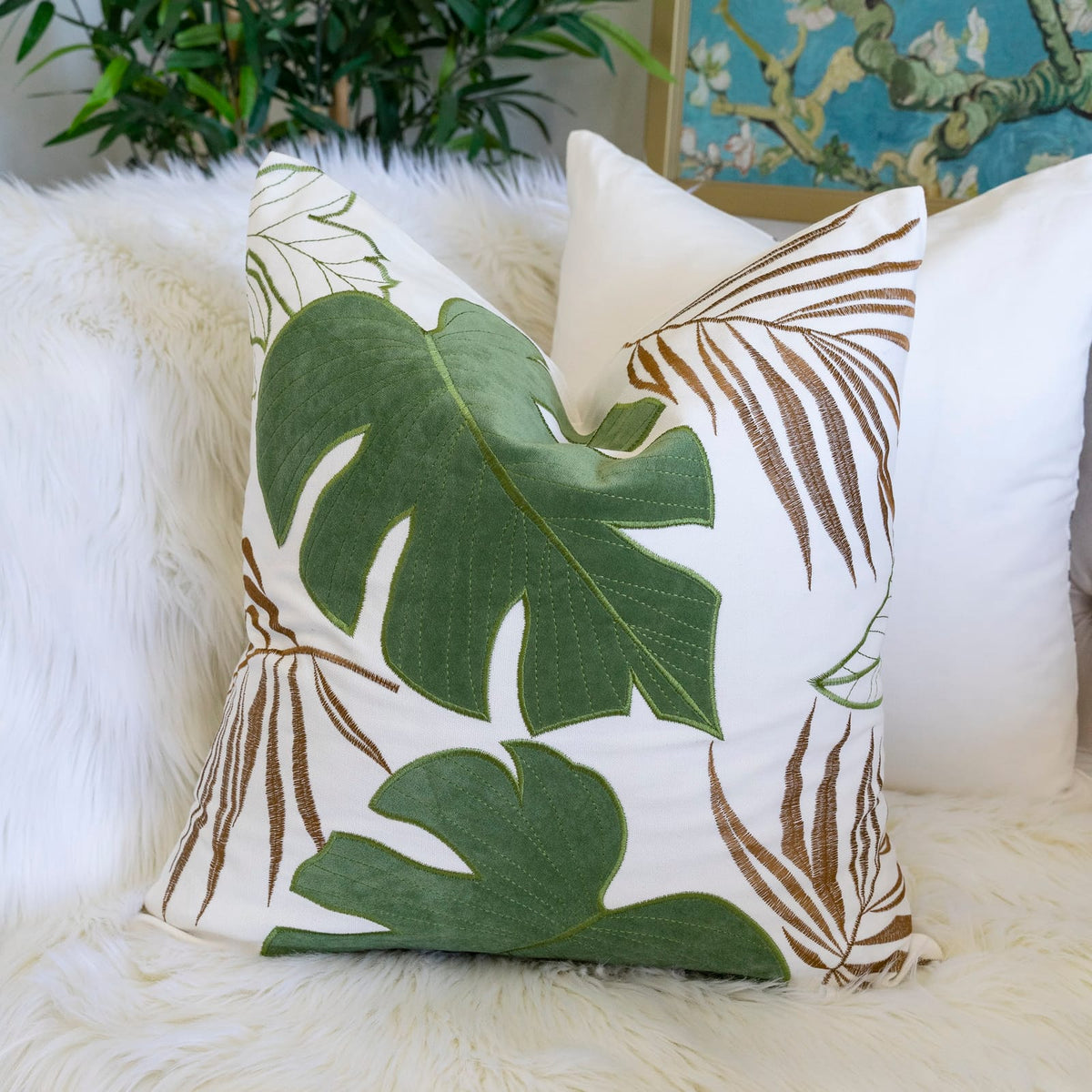 20x20 Green Polyester Leaf Pillow Cover