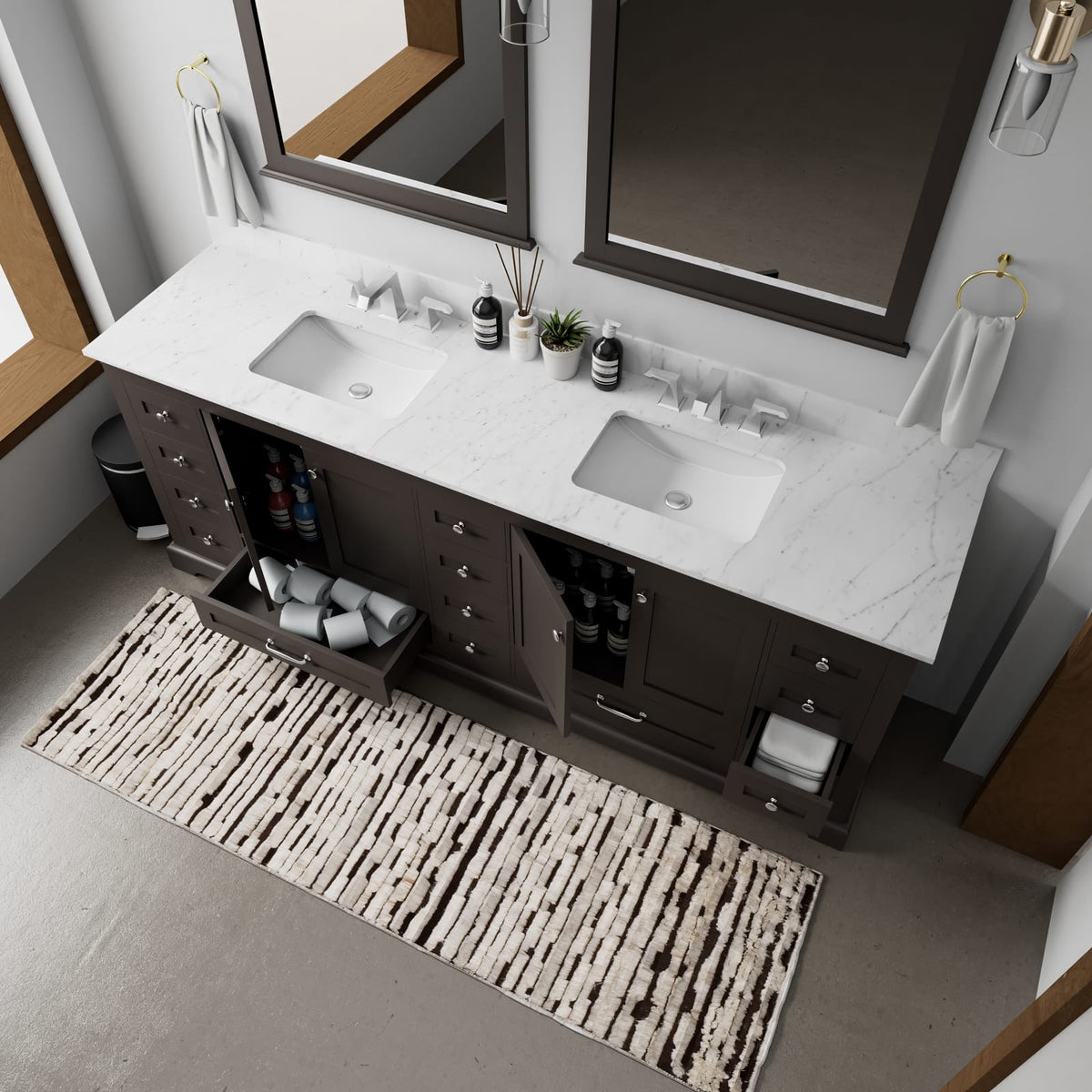 Espresso Double Bath Vanity - 84" W with Carrara Marble Top