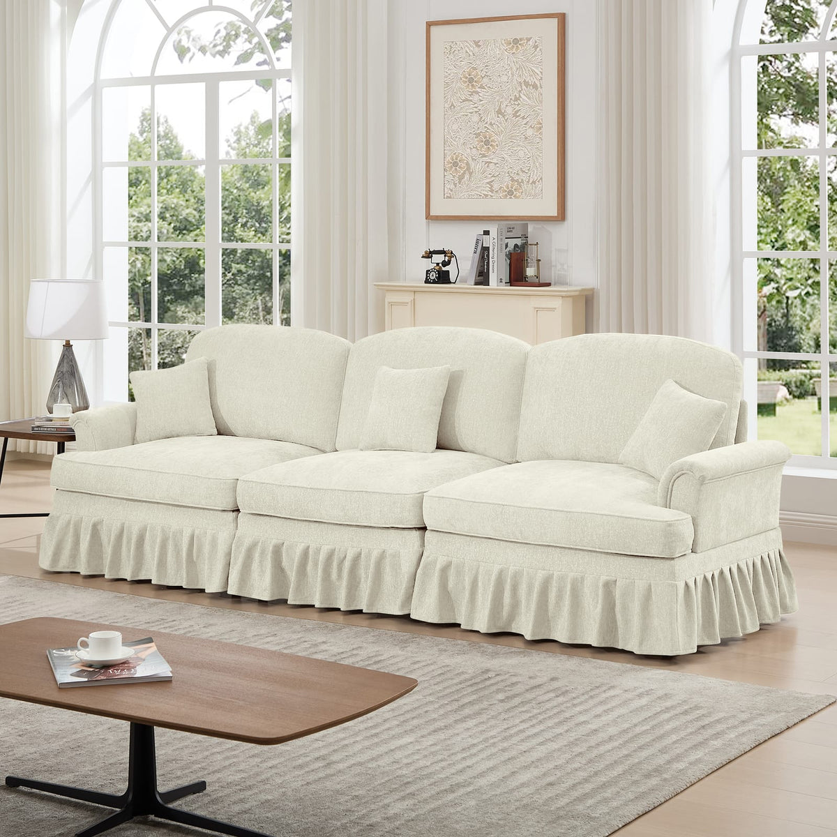 3 Seat Beige White Chenille Sofa with Ruffles for Living Room