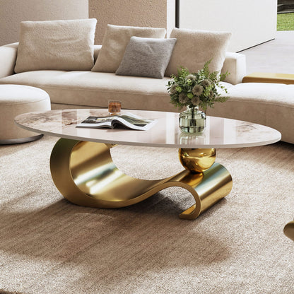 Gold Marble Coffee Table with Gold Steel Base, Oval Design for Living Room