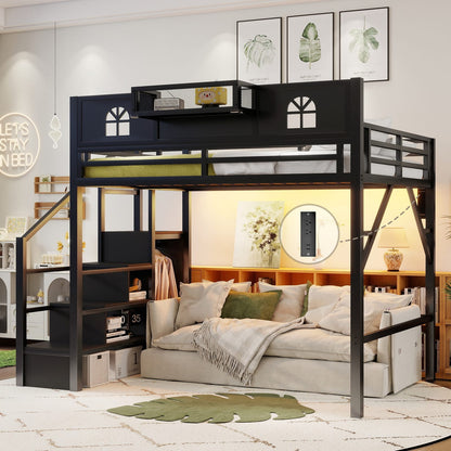 Full Size Metal Loft Bed with Stairs & Storage for Bedroom