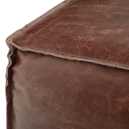Dark Brown Leather Square Pouf - 18 Inch Wide for Living Room