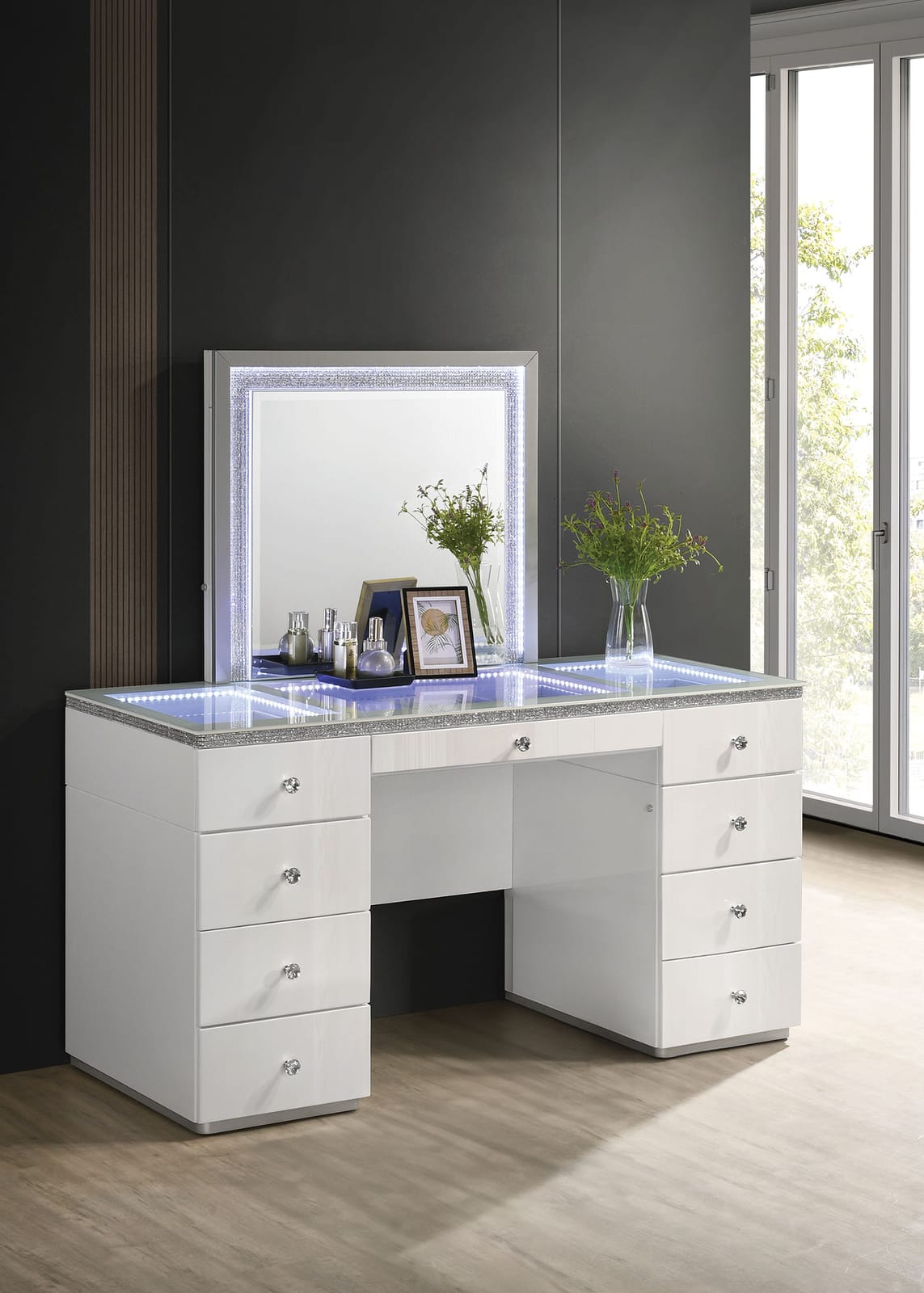 Contemporary White Vanity with 5 Drawers - Storage & Mirror