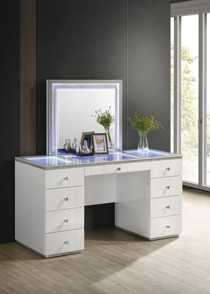 Contemporary White Vanity with 5 Drawers - Storage & Mirror