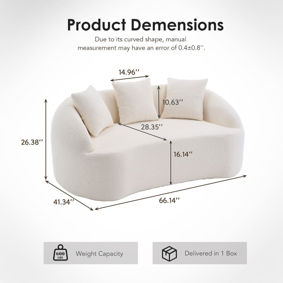 Off White Chenille Loveseat - Compact Sofa with Foam & Pillows for Living Room