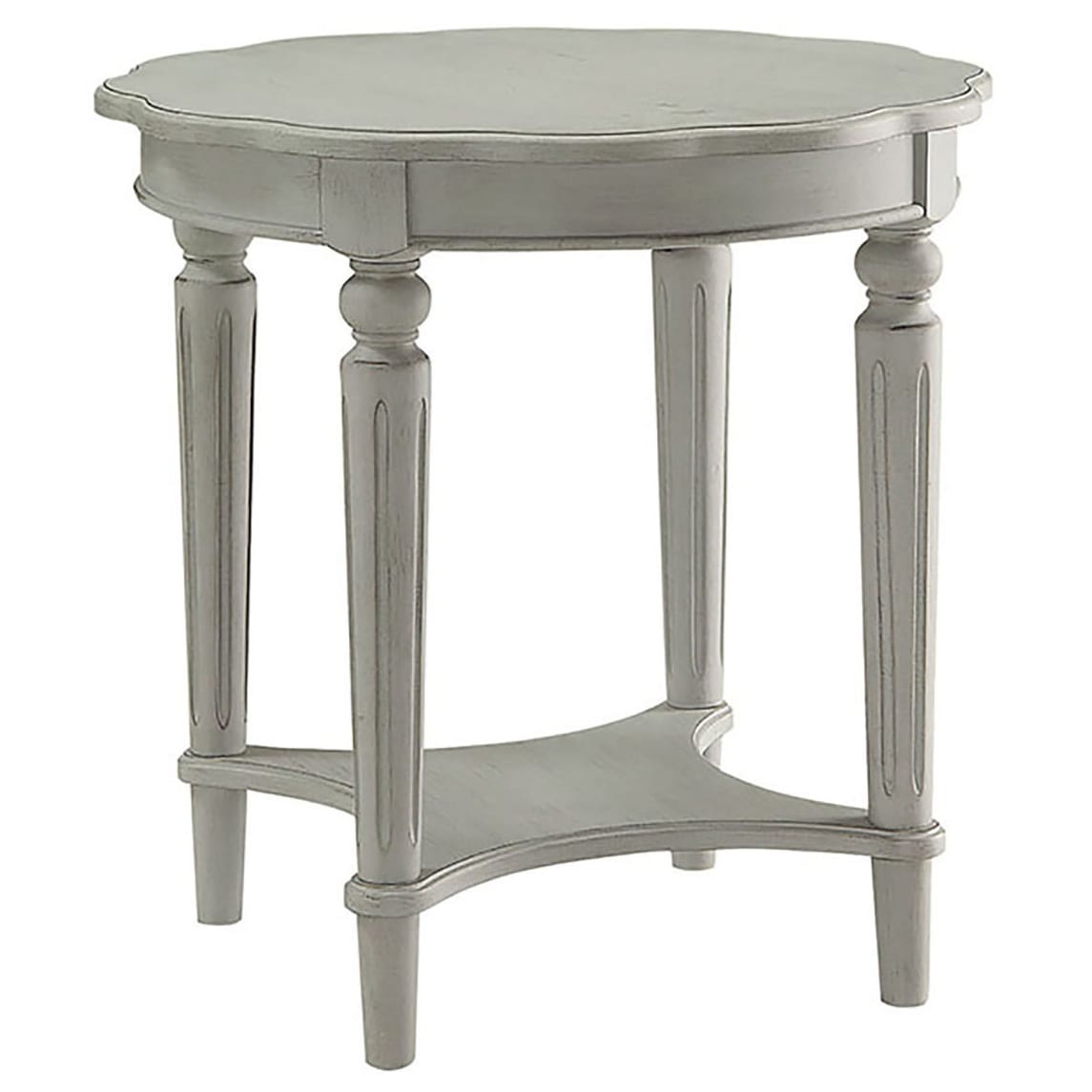 Grey Farmhouse Round End Table with Storage Shelf for Living Room