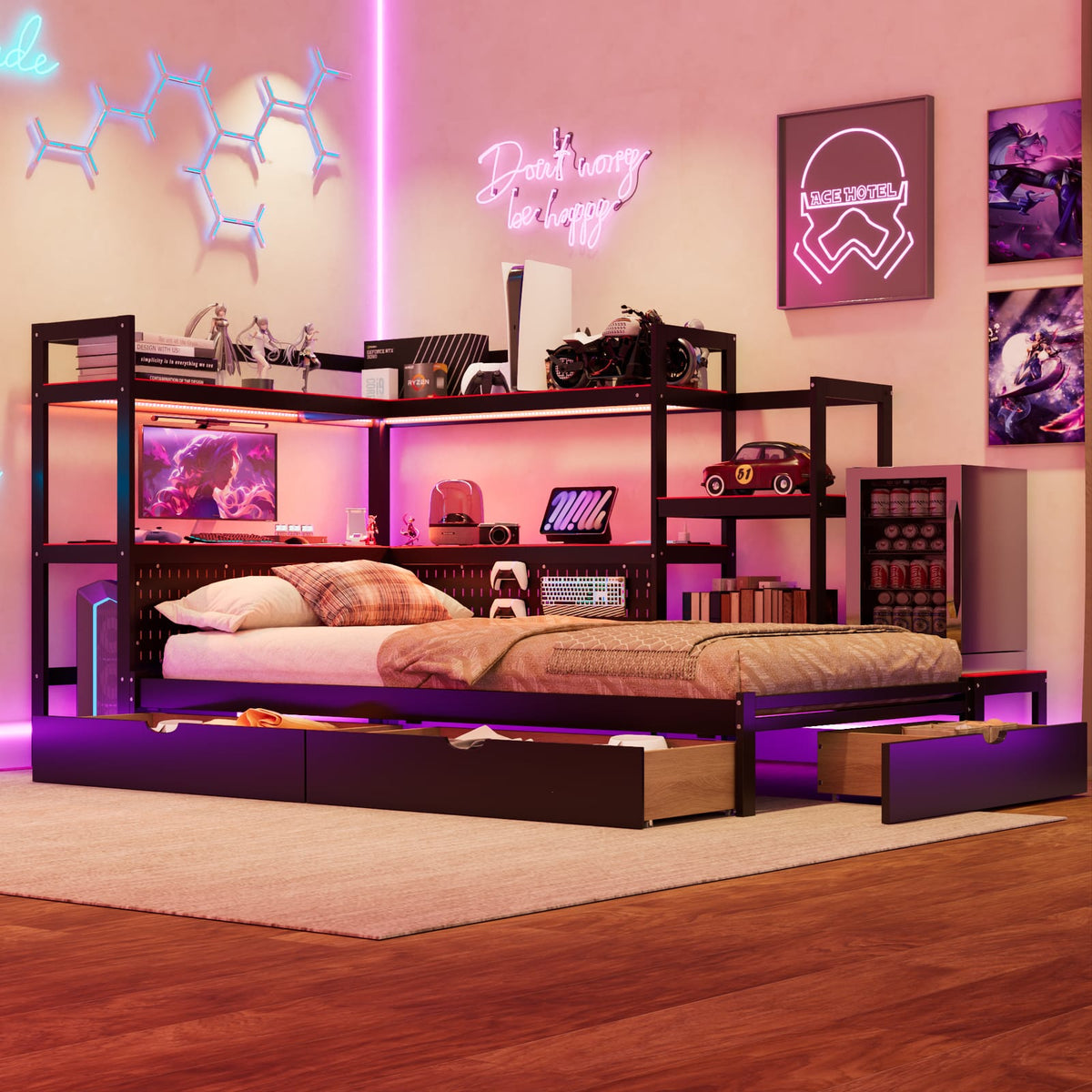 Twin Size Gaming Daybed Black+Red MDF Frame with LED Lights