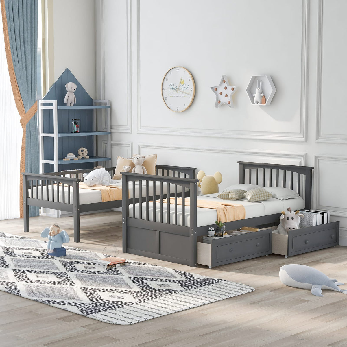 Twin Over Twin Bunk Bed Gray Wood Frame for Bedroom